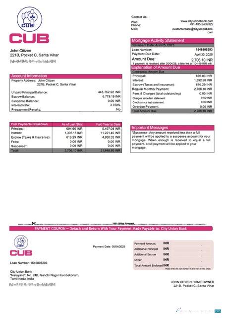 Download India City Union Bank mortgage statement Word and PDF template Photoshop template